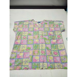 MHD Scrubs Top Flower Power Print Cotton Blend Pink White Green Size M (10/12)